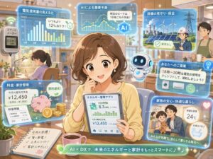 AIによる電力需要予測や電気使用量の見える化、料金予測、設備保全を、エネルギー管理アプリで確認する主婦と家族を描いたアニメ風イラスト