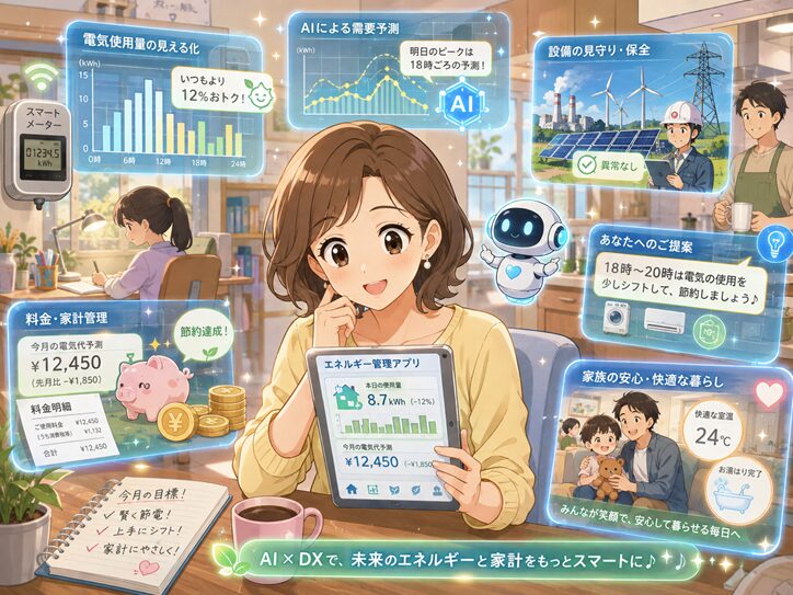 AIによる電力需要予測や電気使用量の見える化、料金予測、設備保全を、エネルギー管理アプリで確認する主婦と家族を描いたアニメ風イラスト