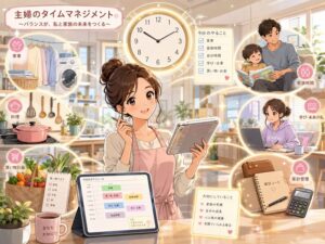 家事・料理・買い物・家計管理・学習・家族時間をタブレットで整理し、効率よく時間管理する主婦を描いたタイムマネジメントのアニメ風イラスト