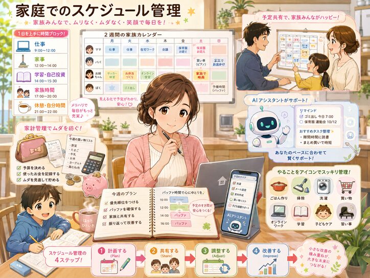 主婦が家族カレンダーやノート、AIアシスタントを活用し、仕事・家事・学習・家族時間・休憩をタイムブロッキングで整理する家庭のスケジュール管理を描いたアニメ風イラスト