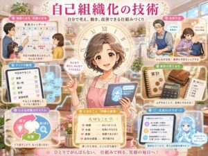 家族で予定共有・役割分担・家計管理を行い、生成AIを活用しながら自己組織化とタスク管理に取り組む主婦を描いたアニメ風イラスト