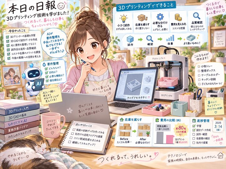 エプロン姿の女性が3Dプリンティング技術を学ぶアニメ風イラスト。机には収納トレーを造形する3Dプリンターと3D CADの設計画面があり、周囲にAIロボットや試作・費用・品質確認を示すボードが描かれている。