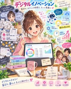 デジタルイノベーションを学ぶ主婦が、生成AIと家計管理アプリで支出を見える化し、業務効率化や時間の有効活用を実現する様子を描いたアニメ風イラスト