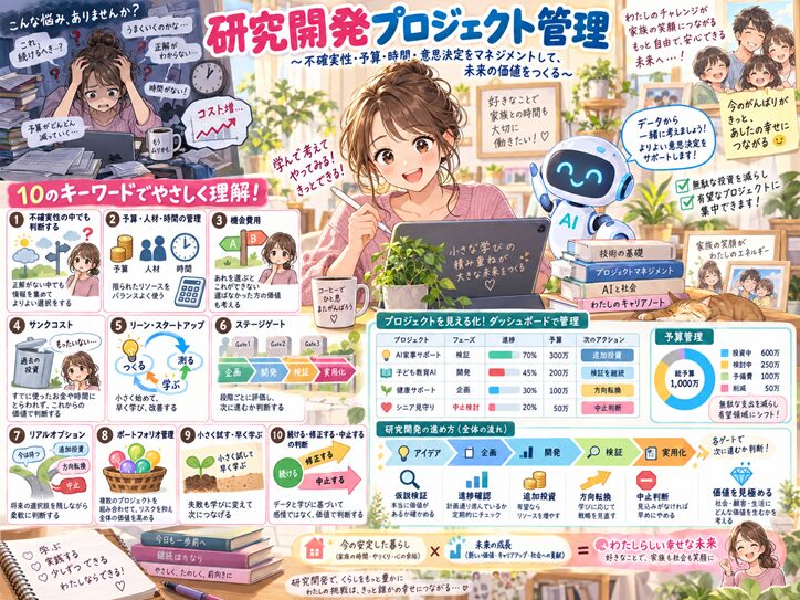 主婦がAIアシスタントと研究開発プロジェクトのダッシュボードを確認し、予算、進捗、リスク、追加投資、方向転換、中止判断を管理する様子を描いたアニメ風イラスト