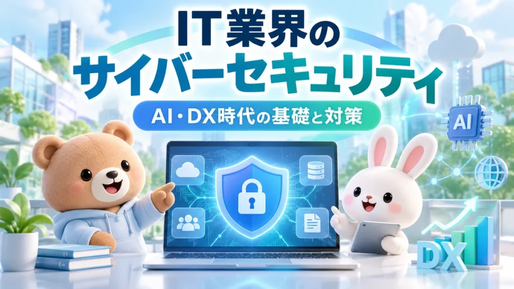 「IT業界のサイバーセキュリティ」「AI・DX時代の基礎と対策」の文字と、青い盾・鍵を表示したノートパソコン。3DのクマとウサギがAI・クラウド・DXのアイコンに囲まれているイラスト。
