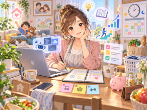 AIを活用しながらパソコンで仕事とIT学習に取り組み、家事・家計・家族との時間を計画的に管理する主婦を描いたセルフマネジメントのアニメ風イラスト。