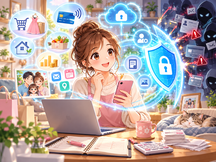 スマートフォンとパソコンを使う主婦が、自宅で家計管理やネット利用をしながら、個人情報保護・データプライバシー・サイバーセキュリティの重要性を学んでいるスタイライズド・アニメ風イラスト。