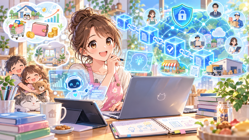 自宅で働く主婦がパソコンを使ってブロックチェーン技術と生成AIを学び、発光するブロックやネットワーク、セキュリティ、物流、家計管理などを通してAI・DXによる暮らしと業務改善をイメージしているアニメ風イラスト