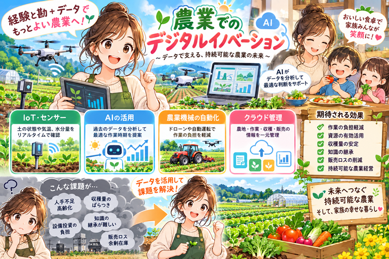 農業でのデジタルイノベーションを描いたアニメ風イラスト。女性農業者がタブレットを使い、AI・IoTセンサー・ドローン・クラウドによるスマート農業を紹介。農作業の効率化、経営課題の解決、持続可能な農業と家族の笑顔を表現している。
